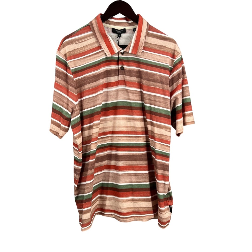Ted Baker Men's Striped Polo Shirt 100% Cotton Brown Tan Red Size 6 (2XL)‎